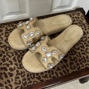 Jessica Simpson crystal raffia slide sandals